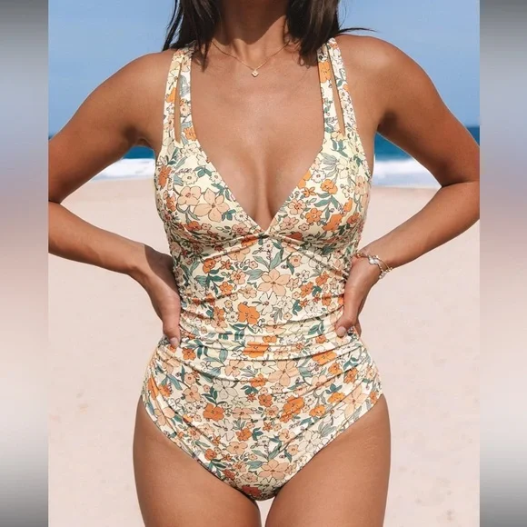 NWT One Piece Tummy Control Deep V Neck Double Straps Back Tie Swimsuit - Picture 4 of 15